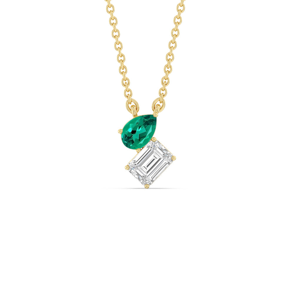 Toi Et Moi Created Emerald Pear and Emerald Shape Diamond Necklace with 14KT Yellow Gold Cut Diamond in 14KT Yellow Gold view 1
