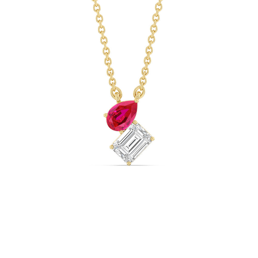 Toi Et Moi Created Ruby Pear and Emerald Diamond Necklace with 14KT Yellow Gold Cut Diamond in 14KT Yellow Gold view 1

