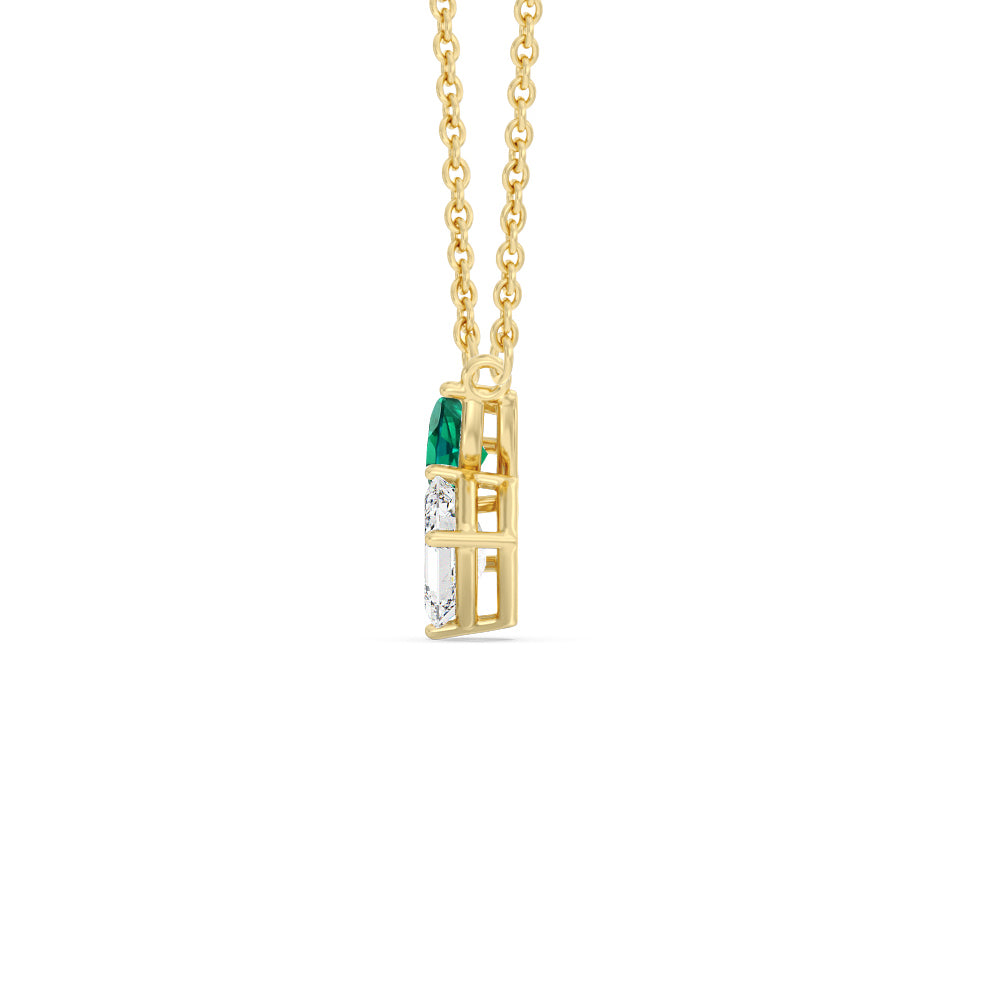 Toi Et Moi Created Emerald Pear and Emerald Shape Diamond Necklace with 14KT Yellow Gold Cut Diamond in 14KT Yellow Gold view 2
