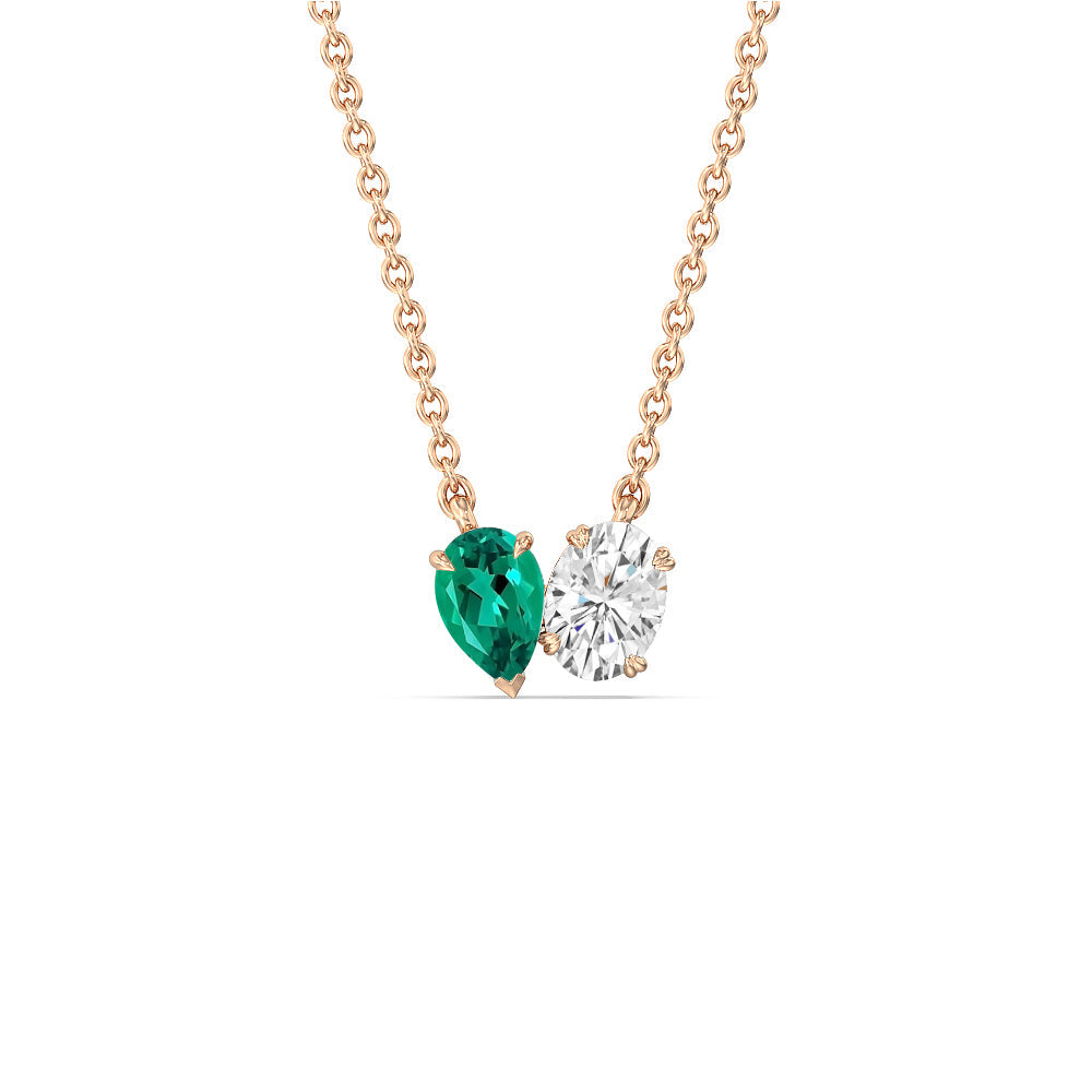 Toi Et Moi Created Emerald Pear and Oval Diamond Necklace with 14KT Rose Gold Cut Diamond in 14KT Rose Gold view 1
