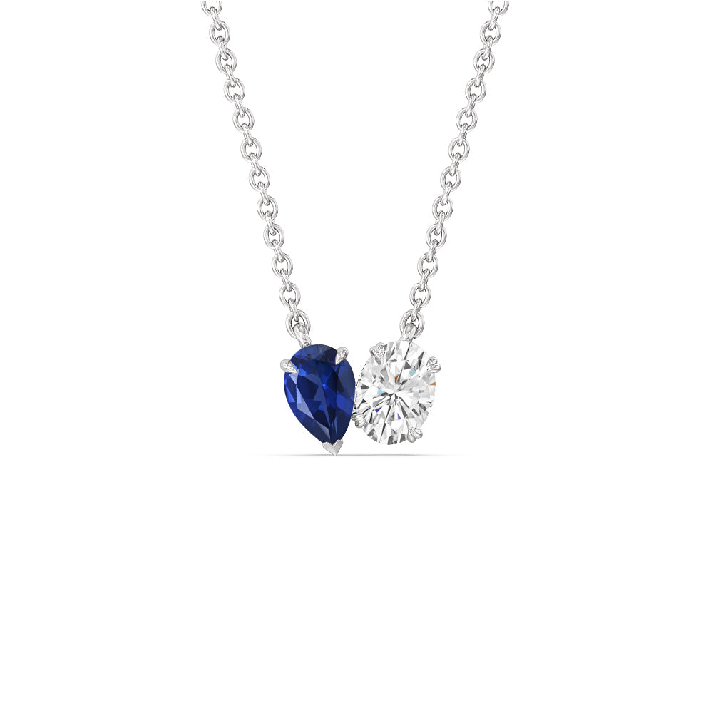 Toi Et Moi Created Sapphire Pear and Oval Diamond Necklace with 14KT White Gold Cut Diamond in 14KT White Gold view 1
