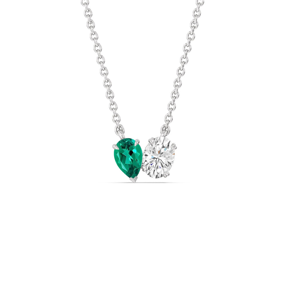 Toi Et Moi Created Emerald Pear and Oval Diamond Necklace with 14KT White Gold Cut Diamond in 14KT White Gold view 1
