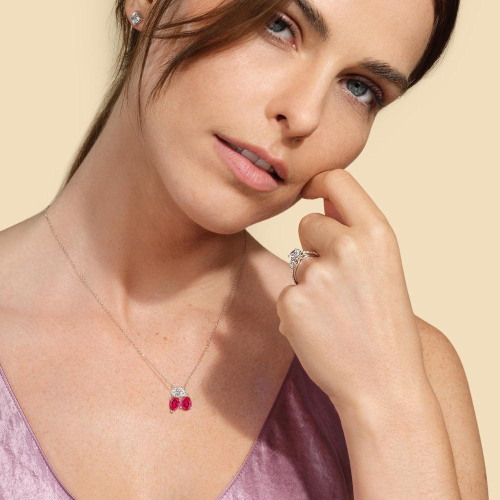 Model Wearing Ruby And Diamond Mixed Shape Cluster Necklace view