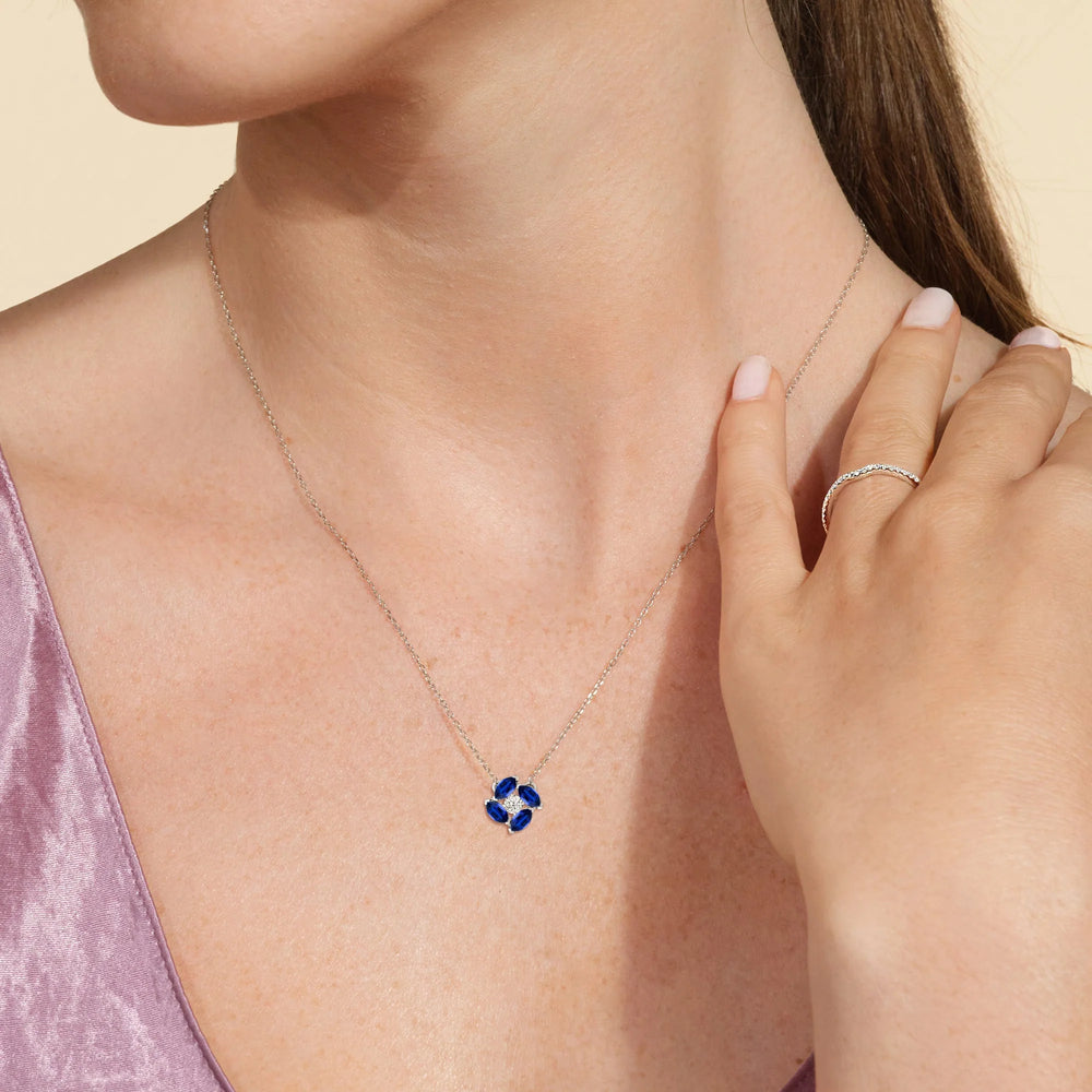 Model Wearing Sapphire And Diamond Hydrangea NecklaceTest Drashya view