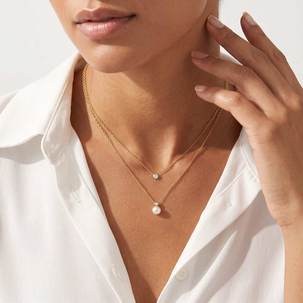 Pearl Bezel Necklace with 14KT Yellow Gold / Lab / 1/20 Cut Diamond in 14KT Yellow Gold / Lab / 1/20 view 3
