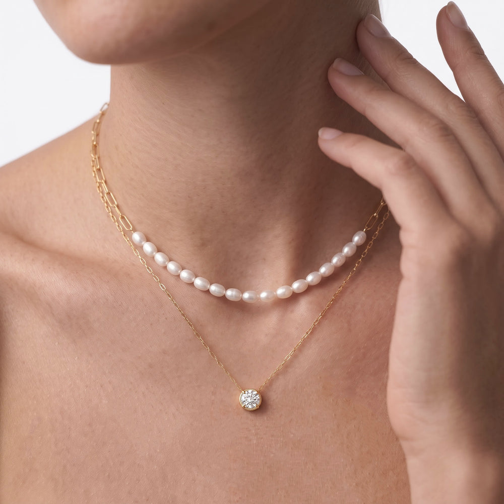 Pearl Paperclip Chain Necklace with Sterling Silver Cut Diamond in 14KT Sterling Silver view 3
