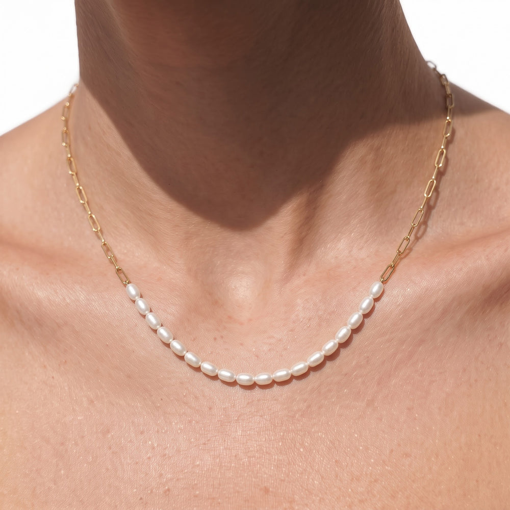 Pearl Paperclip Chain Necklace with Sterling Silver Cut Diamond in 14KT Sterling Silver view 2

