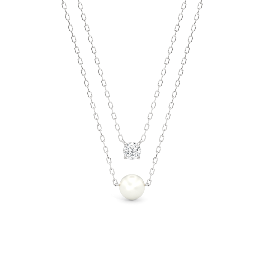 Layered Pearl and Diamond Necklace with Sterling Silver / Lab / 1/4 Cut Diamond in 14KT Sterling Silver / Lab / 1/4 view 1
