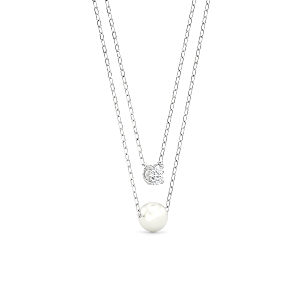 Layered Pearl and Diamond Necklace with Sterling Silver / Lab / 1/4 Cut Diamond in 14KT Sterling Silver / Lab / 1/4 view 4
