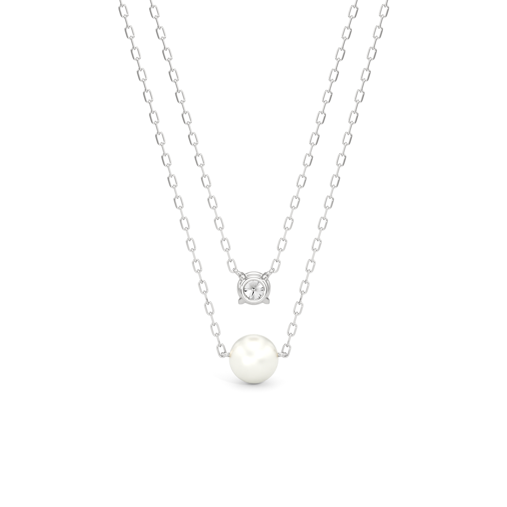 Layered Pearl and Diamond Necklace with Sterling Silver / Lab / 1/4 Cut Diamond in 14KT Sterling Silver / Lab / 1/4 view 5
