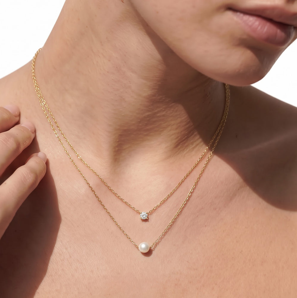 Layered Pearl and Diamond Necklace with Sterling Silver / Lab / 1/4 Cut Diamond in 14KT Sterling Silver / Lab / 1/4 view 2
