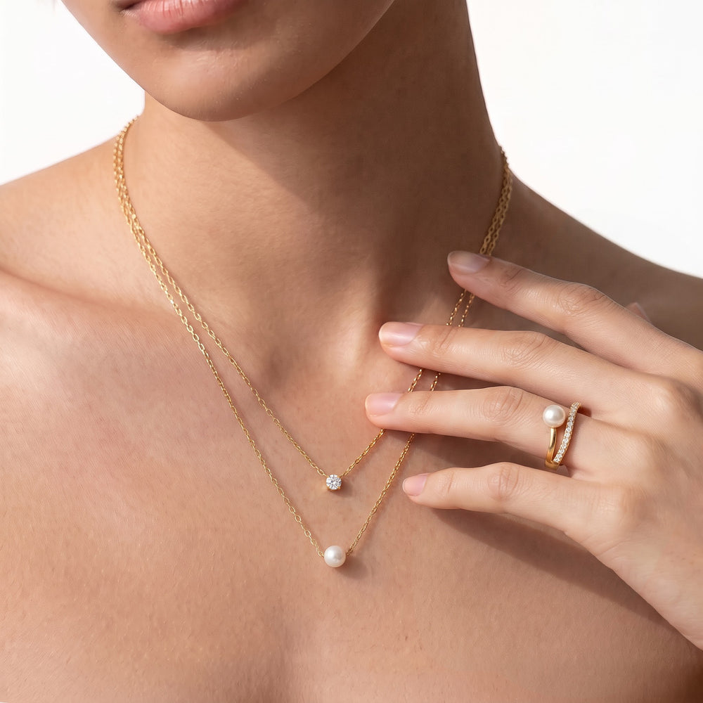 Layered Pearl and Diamond Necklace with Sterling Silver / Lab / 1/4 Cut Diamond in 14KT Sterling Silver / Lab / 1/4 view 3
