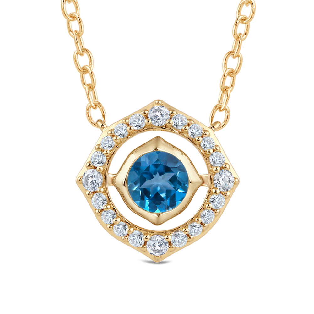 Signature London Blue Topaz Birthstone Necklace with Lab Cut Diamond in 14KT Yellow Gold view 2
