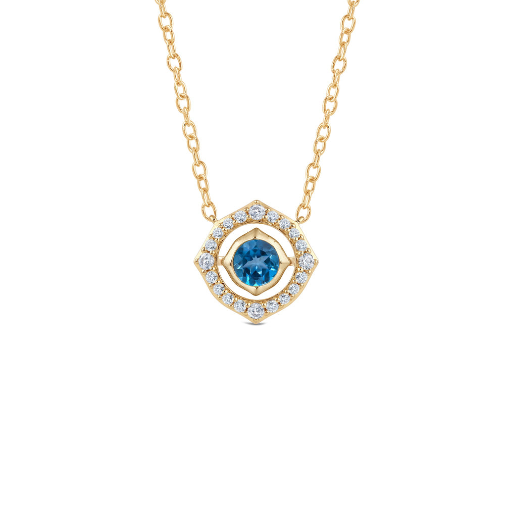 Signature London Blue Topaz Birthstone Necklace with Lab Cut Diamond in 14KT Yellow Gold view 1
