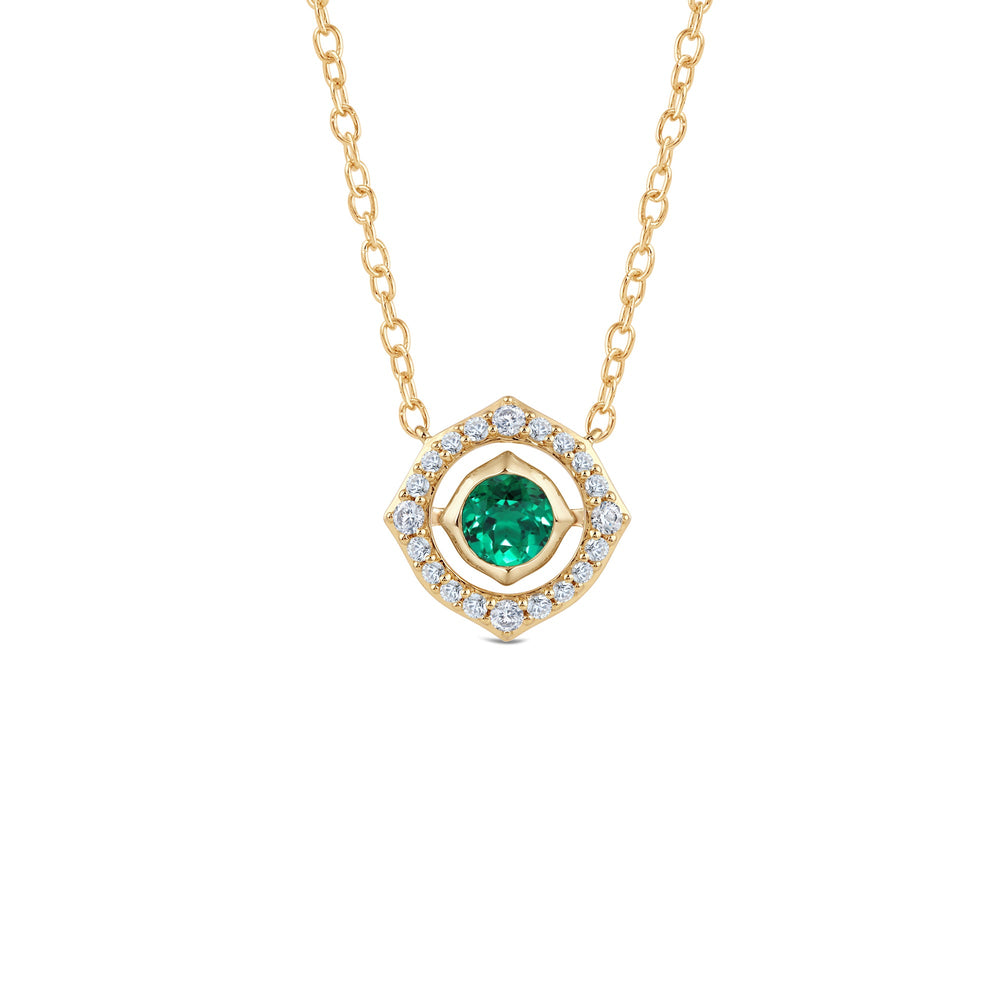 Signature Created Emerald Birthstone Necklace with Lab Cut Diamond in 14KT Yellow Gold view 1
