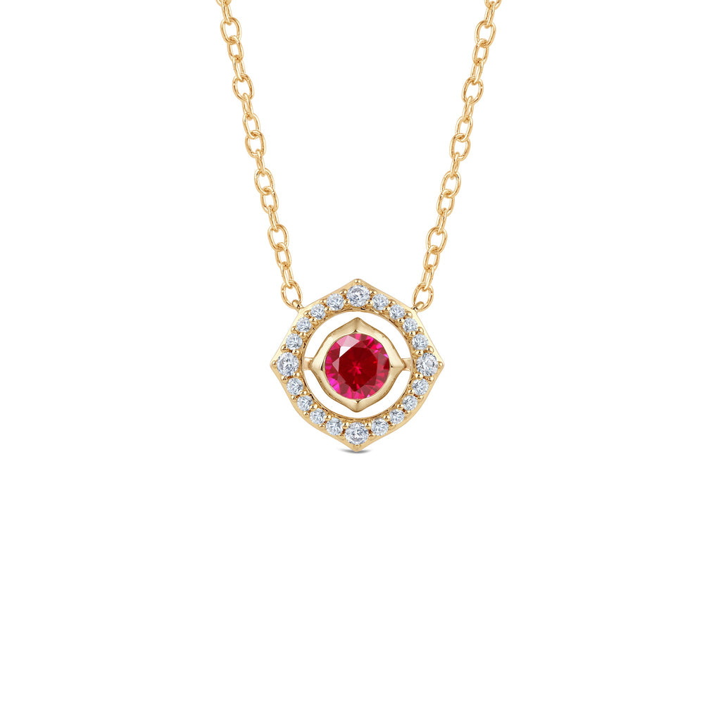 Signature Created Ruby Birthstone Necklace with Lab Cut Diamond in 14KT Yellow Gold view 1
