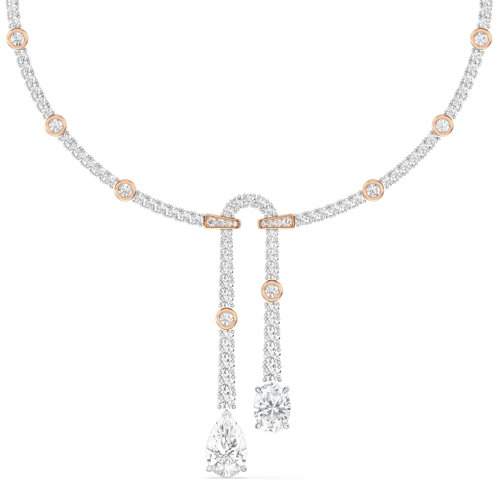 Balanced Oval and Pear Dangler Tennis Necklace with Lab Cut Diamond in 14KT Rose Gold view 1
