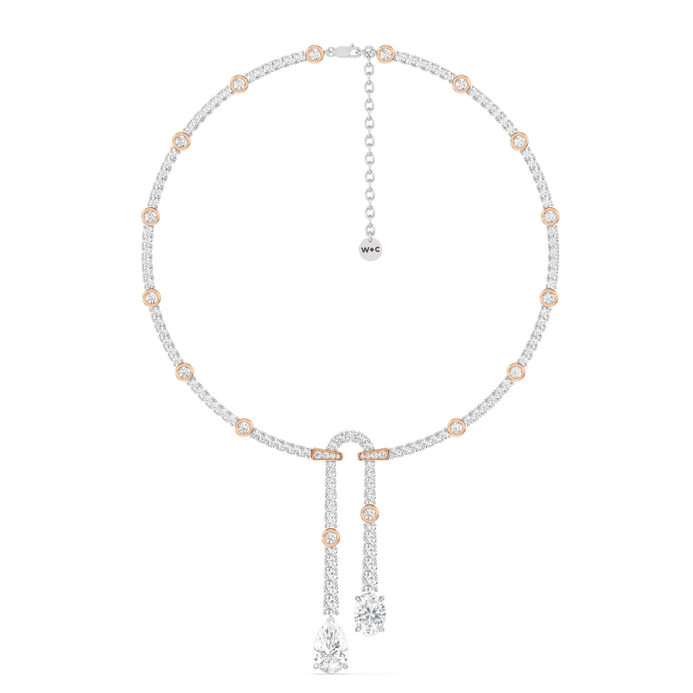 Balanced Oval and Pear Dangler Tennis Necklace with Lab Cut Diamond in 14KT Rose Gold view 2
