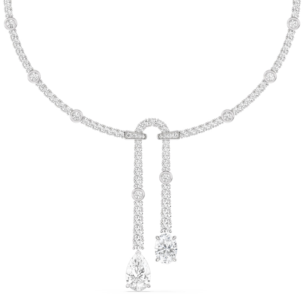 Balanced Oval and Pear Dangler Tennis Necklace with Lab Cut Diamond in 14KT White Gold view 1
