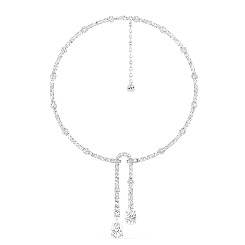 Balanced Oval and Pear Dangler Tennis Necklace with Lab Cut Diamond in 14KT White Gold view 2
