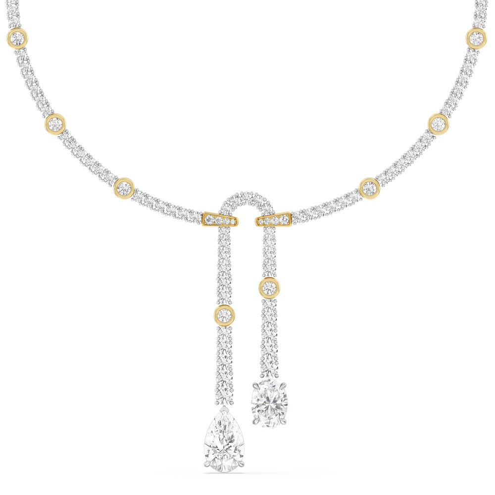 Balanced Oval and Pear Dangler Tennis Necklace with Lab Cut Diamond in 14KT Yellow Gold view 1
