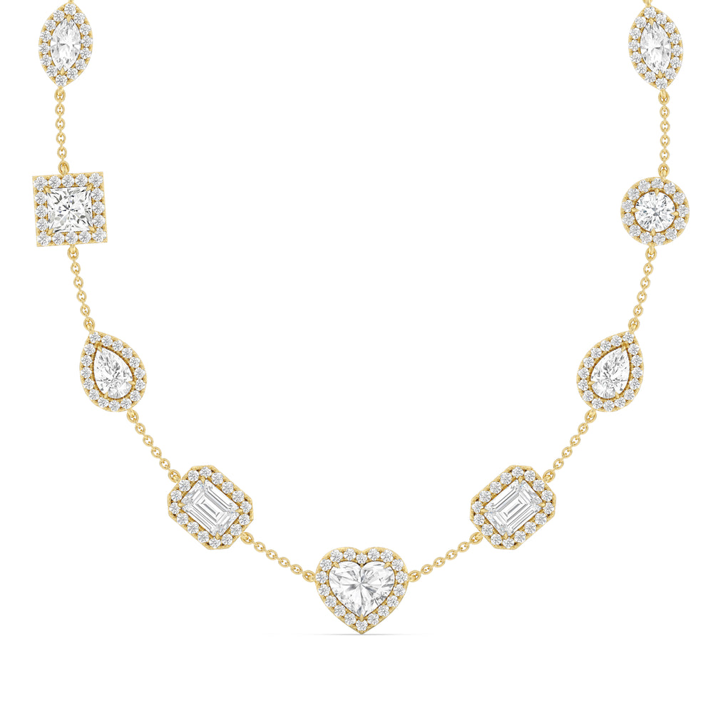 Fancy Cut Halo Stationed Necklace with Lab Cut Diamond in 14KT Yellow Gold view 2
