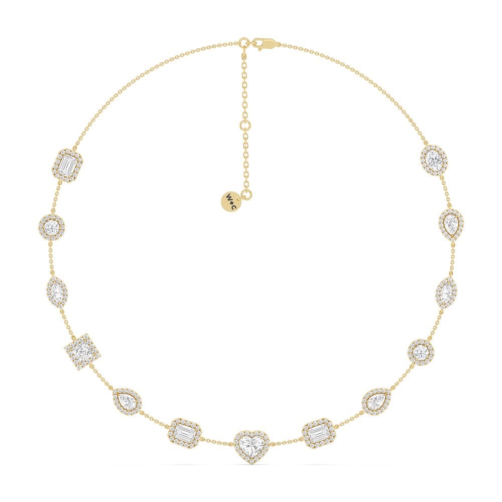 Fancy Cut Halo Stationed Necklace with Lab Cut Diamond in 14KT Yellow Gold view 3
