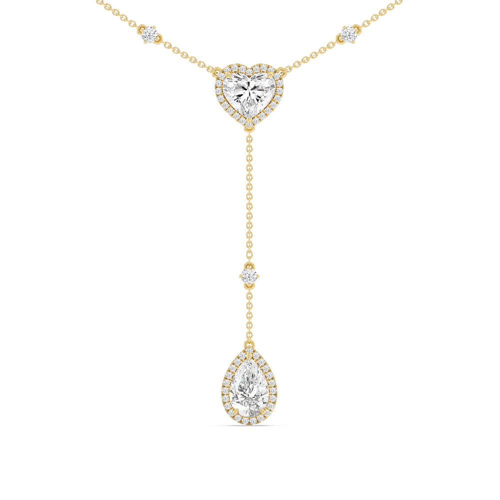 Halo Heart and Teardrop Chain Necklace with Lab Cut Diamond in 14KT Yellow Gold view 1
