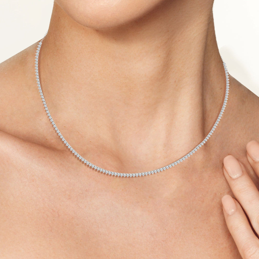 Model Wearing Three Prong Half Diamond Tennis Necklace view