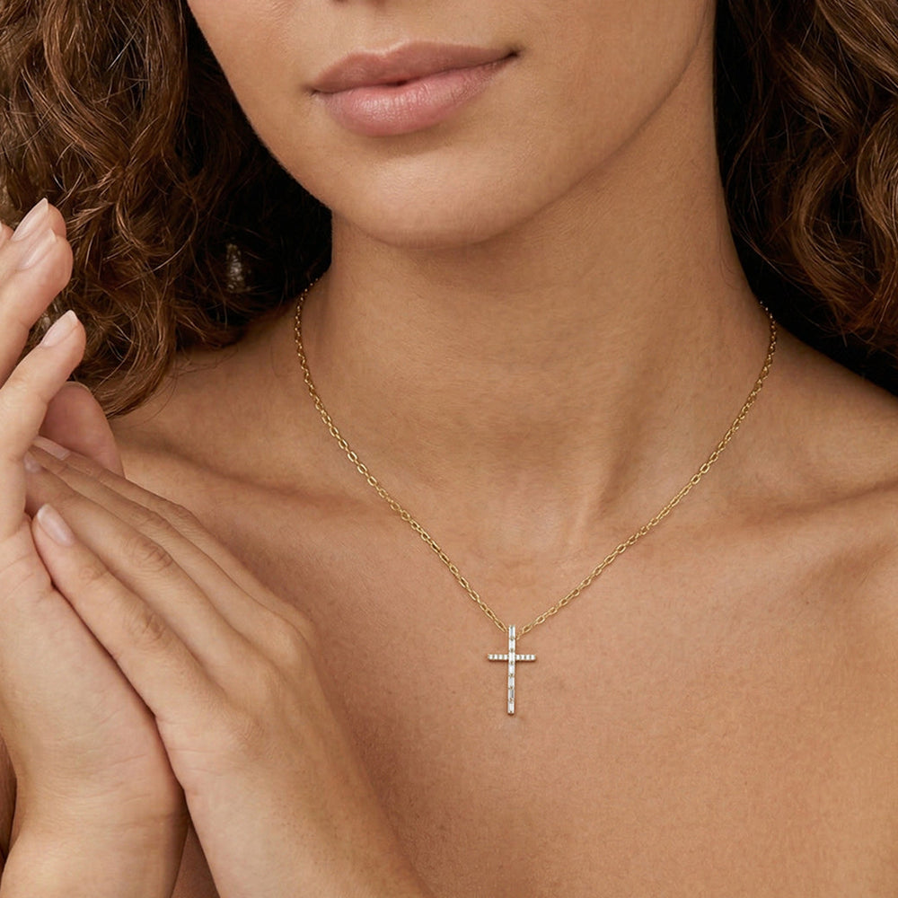 The Elle Cross Necklace with 18K Yellow Gold Vermeil / Lab / 1/5 Cut Diamond in 14KT 18K Yellow Gold Vermeil / Lab / 1/5 view 2
