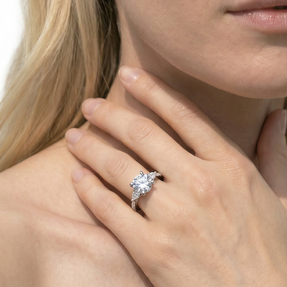 Cushion Cut Pear Three Stone Pave Engagement Ring with Lab Grown Diamond in 14KT Yellow Gold view 2
