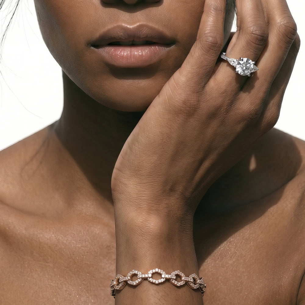 Emerald Cut Pear Three Stone Pave Engagement Ring with Lab Grown Diamond in 14KT Rose Gold view 3
