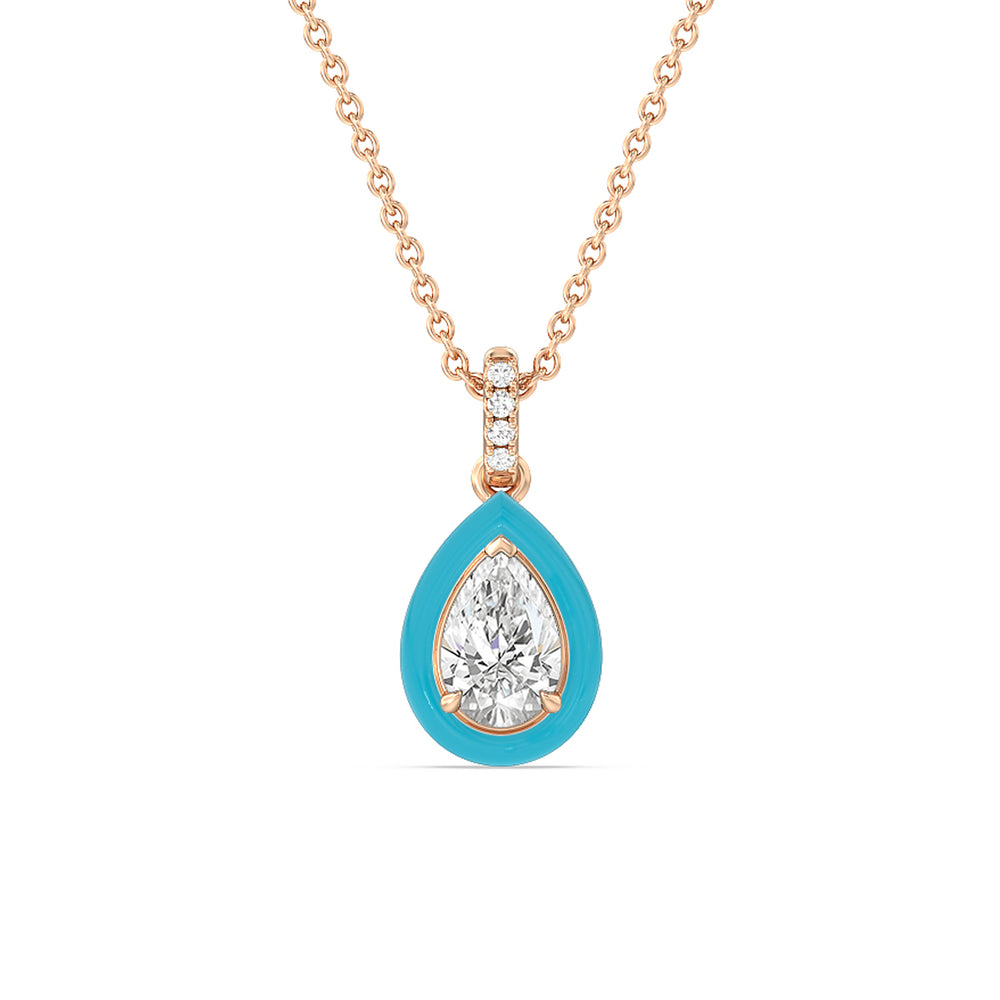 Pear Bezel Drop Necklace in Ceramic with 14KT Rose Gold / Aqua / 1 Cut Diamond in 14KT Rose Gold / Aqua / 1 view 1
