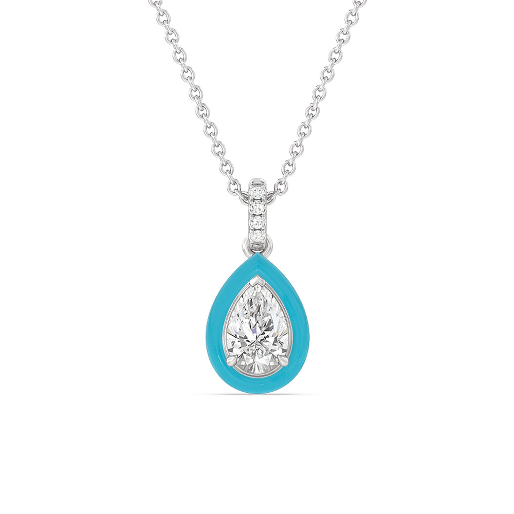 Pear Bezel Drop Necklace in Ceramic with 14KT White Gold / Aqua / 1 Cut Diamond in 14KT White Gold / Aqua / 1 view 1
