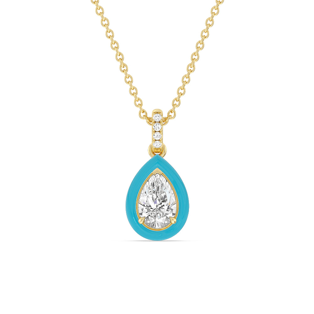 Pear Bezel Drop Necklace in Ceramic with 14KT Yellow Gold / Aqua / 1 Cut Diamond in 14KT Yellow Gold / Aqua / 1 view 1

