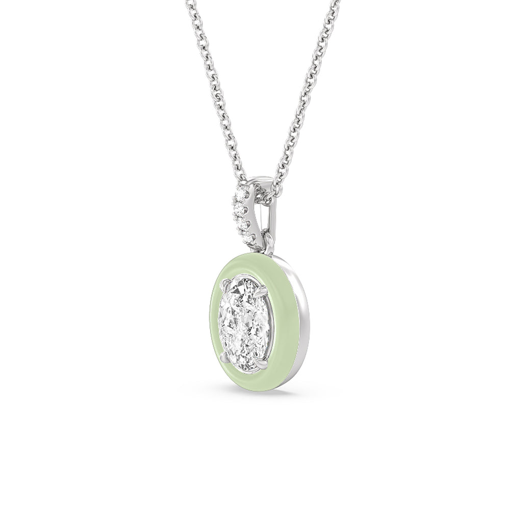 Oval Bezel Drop Necklace in Ceramic with 14KT White Gold / Olive / 1 Cut Diamond in 14KT White Gold / Olive / 1 view 2
