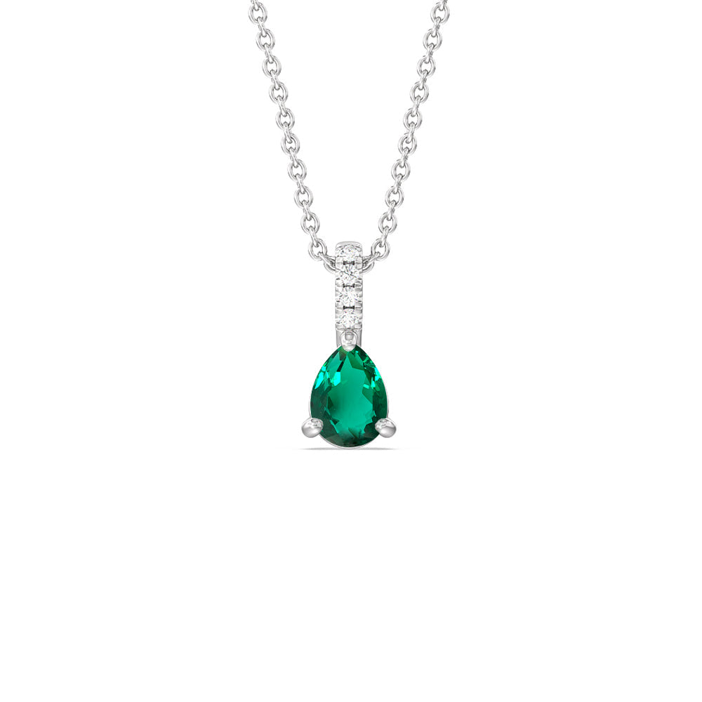 Pear Shape Created Emerald and Lab Diamond Classic Solitaire Pendant With Studded Bale with 14KT White Gold Cut Diamond in 14KT White Gold view 1
