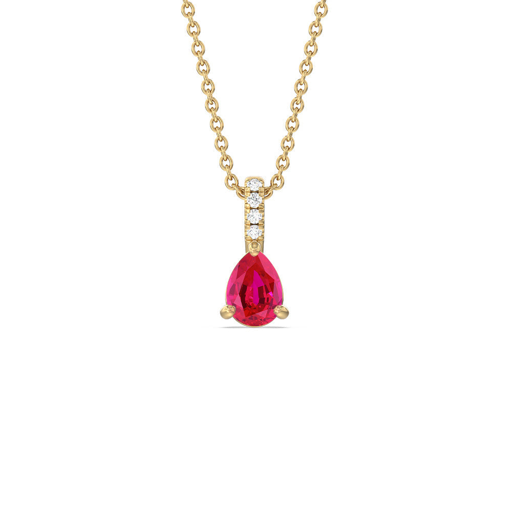 Pear Created Ruby and Lab Diamond Classic Solitaire Pendant With Studded Bale with 14KT Yellow Gold Cut Diamond in 14KT Yellow Gold view 1
