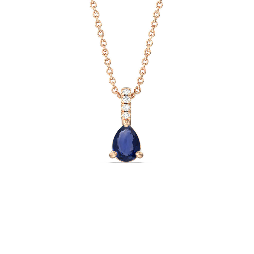 Pear Sapphire and Lab Diamond Classic Solitaire Pendant With Studded Bale with 8x5 Cut Diamond in 14KT Rose Gold view 1
