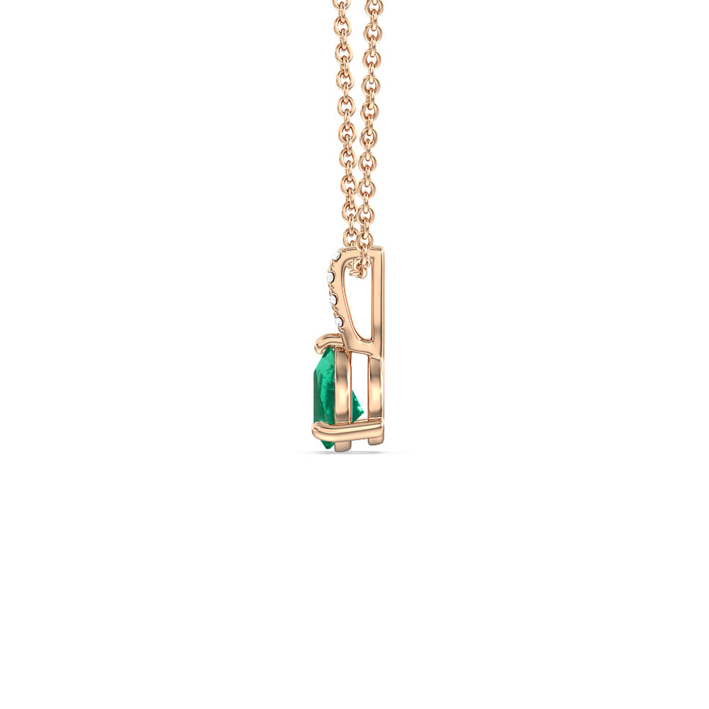 Pear Shape Emerald and Lab Diamond Classic Solitaire Pendant With Studded Bale with 8x5 Cut Diamond in 14KT Rose Gold view 2
