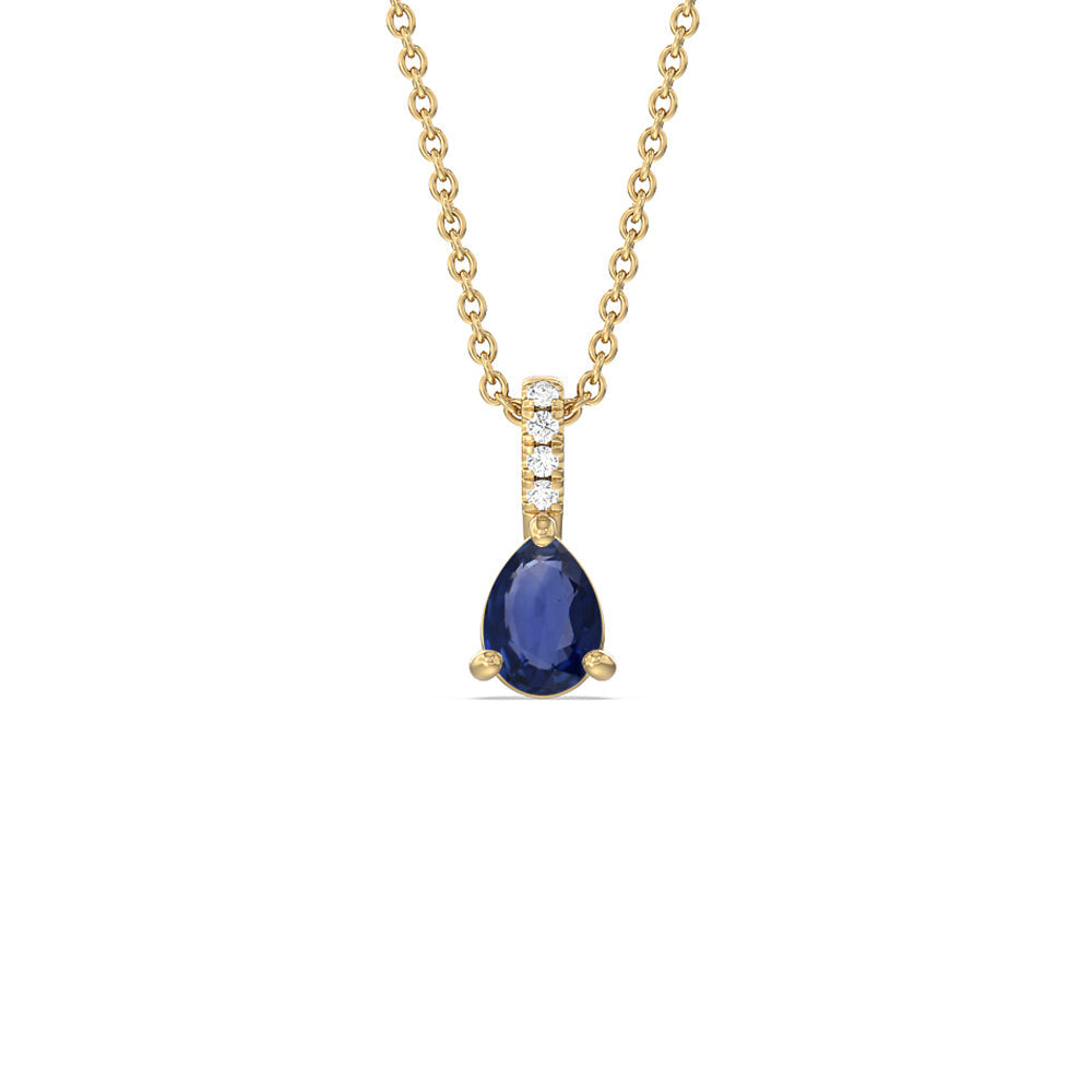 Pear Sapphire and Lab Diamond Classic Solitaire Pendant With Studded Bale with 8x5 Cut Diamond in 14KT Yellow Gold view 1
