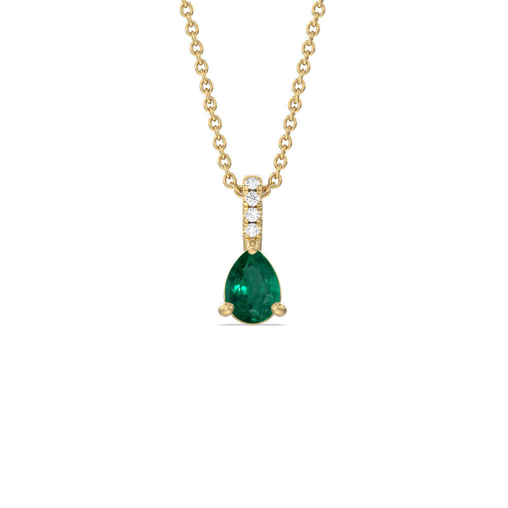 Pear Shape Emerald and Lab Diamond Classic Solitaire Pendant With Studded Bale with 8x5 Cut Diamond in 14KT Yellow Gold view 1
