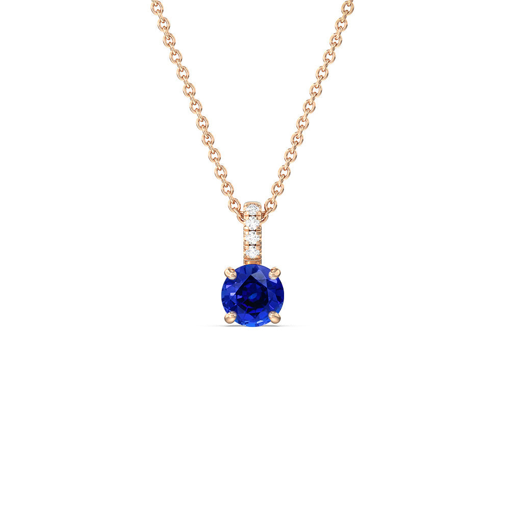 Round Created Sapphire and Lab Diamond Classic Solitaire Pendant With Studded Bale with 14KT Rose Gold Cut Diamond in 14KT Rose Gold view 1
