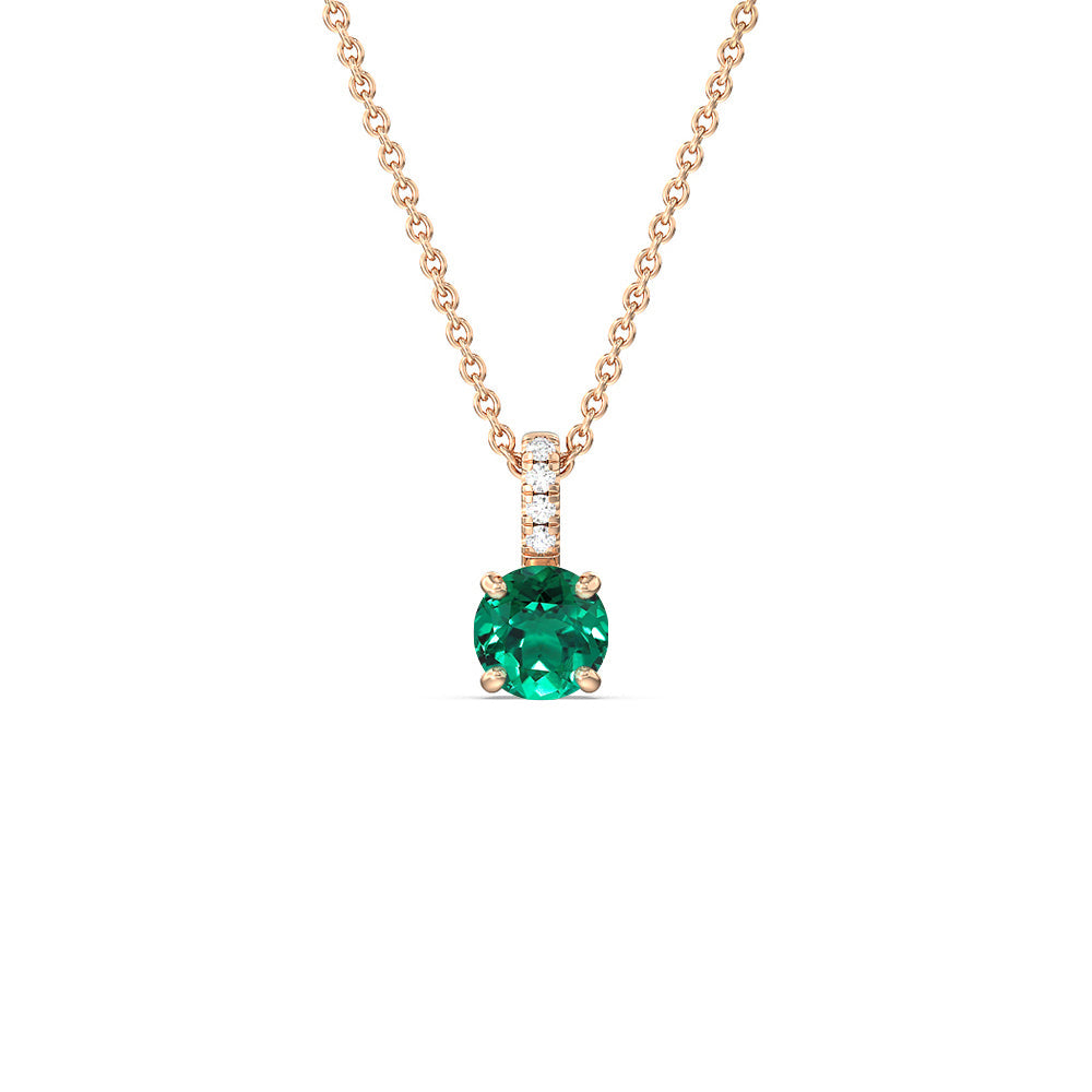 Round Shape Created Emerald and Lab Diamond Classic Solitaire Pendant With Studded Bale with 14KT Rose Gold Cut Diamond in 14KT Rose Gold view 1
