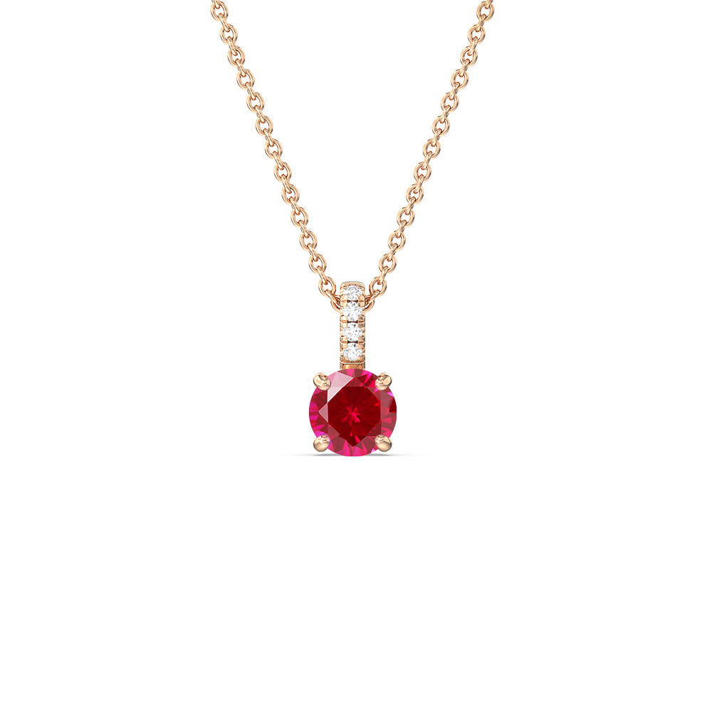 Round Created Ruby and Lab Diamond Classic Solitaire Pendant With Studded Bale with 14KT Rose Gold Cut Diamond in 14KT Rose Gold view 1
