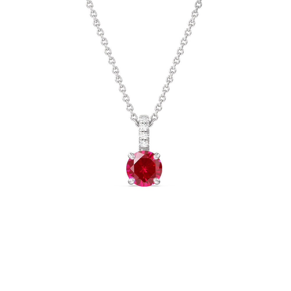 Round Created Ruby and Lab Diamond Classic Solitaire Pendant With Studded Bale with 14KT White Gold Cut Diamond in 14KT White Gold view 1

