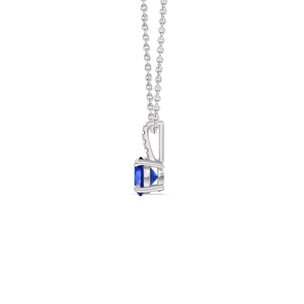 Round Created Sapphire and Lab Diamond Classic Solitaire Pendant With Studded Bale with 14KT White Gold Cut Diamond in 14KT White Gold view 2
