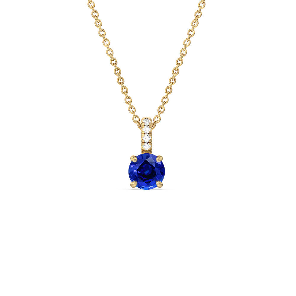 Round Created Sapphire and Lab Diamond Classic Solitaire Pendant With Studded Bale with 14KT Yellow Gold Cut Diamond in 14KT Yellow Gold view 1
