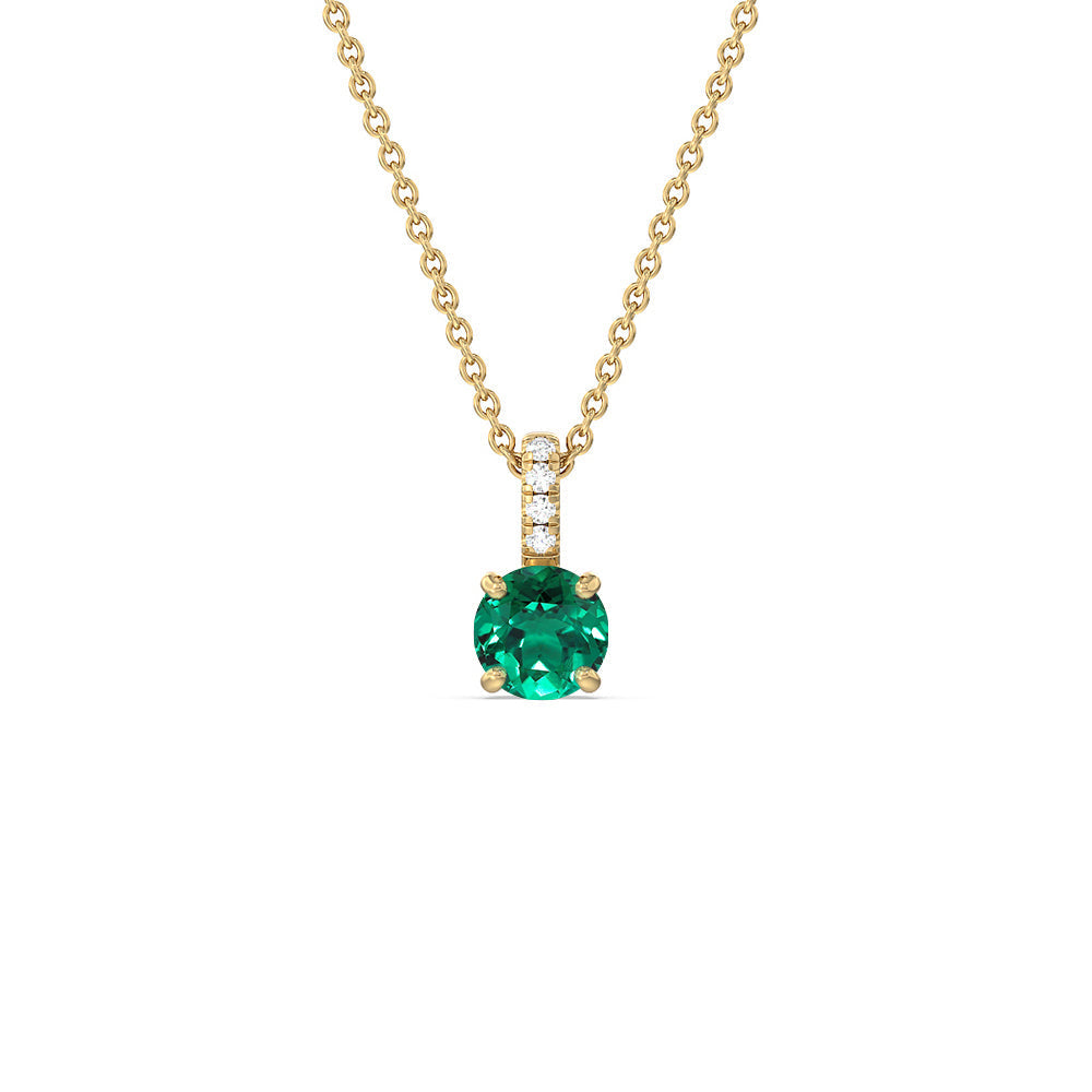 Round Shape Created Emerald and Lab Diamond Classic Solitaire Pendant With Studded Bale with 14KT Yellow Gold Cut Diamond in 14KT Yellow Gold view 1
