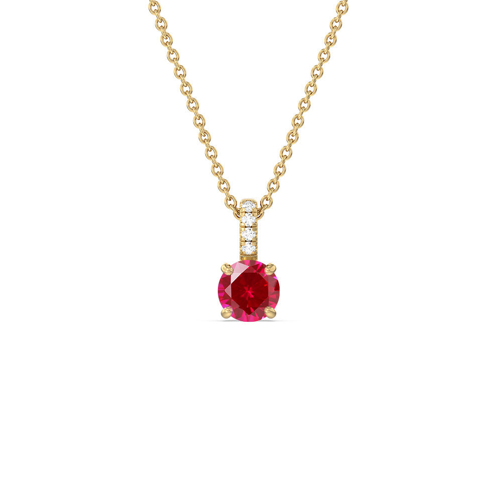 Round Created Ruby and Lab Diamond Classic Solitaire Pendant With Studded Bale with 14KT Yellow Gold Cut Diamond in 14KT Yellow Gold view 1
